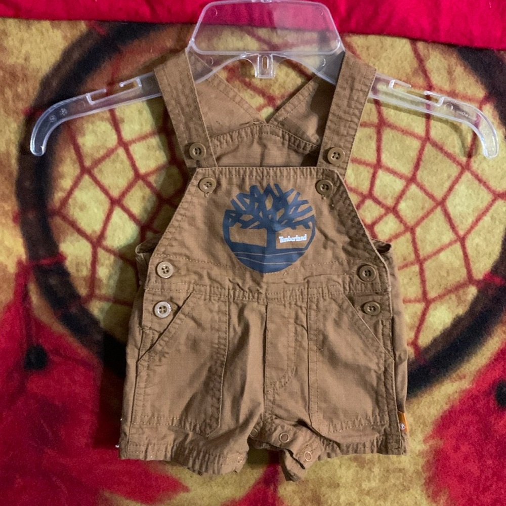 TIMBERLAND-baby boys wheat cotton button overall graphic print logo khaki shorts